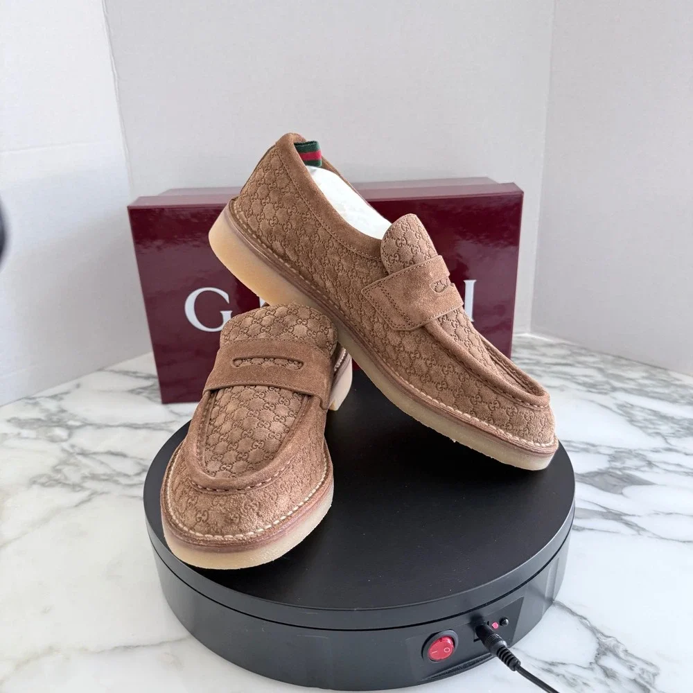 GUCCI  GG Moreau Moccasin Brown Suede Loafer Shoe Penny Strap, G 8+
